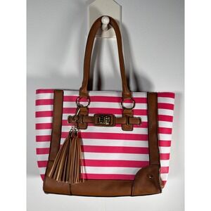 Pink White Striped Tote Bag Brown Leather Trim Tassel Turn Lock Large